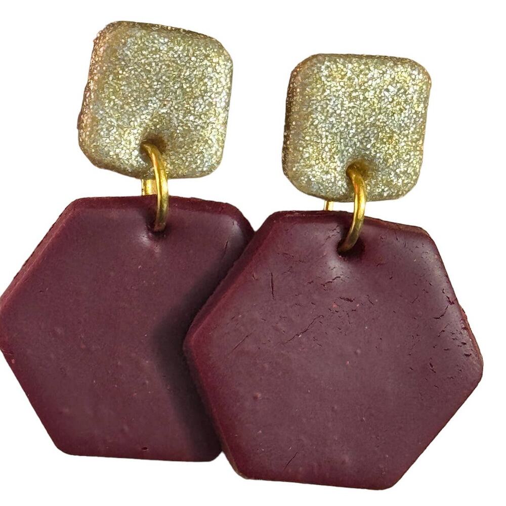 Handmade Gold and Burgundy Red Clay Dangle Stud Post Earrings